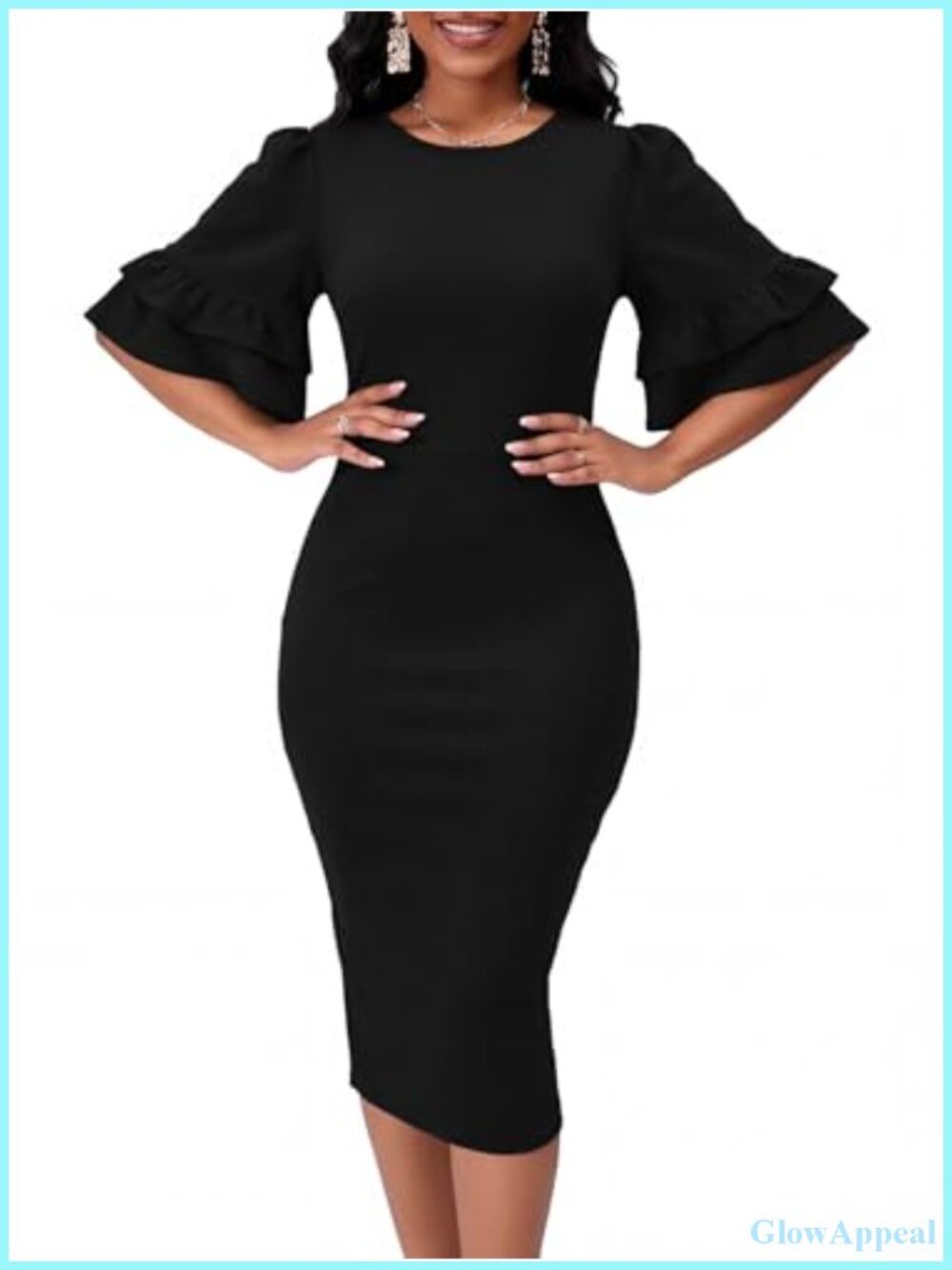 Ruffle Short Sleeve Crewneck Bodycon Midi Pencil Dress Cocktail Wedding Guest